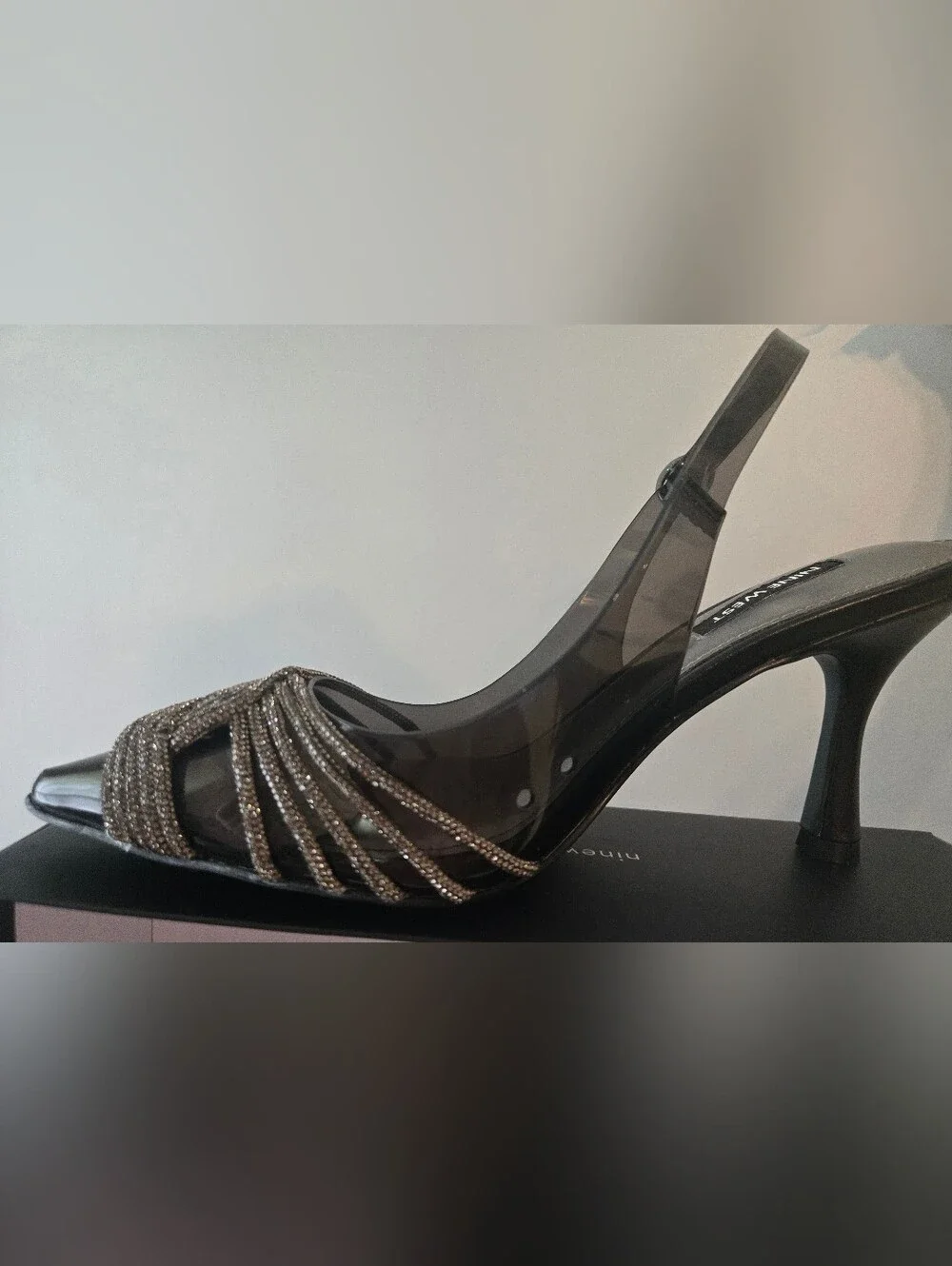 Nine West Black Patent Slingback Heels with Crystal Knot Detail